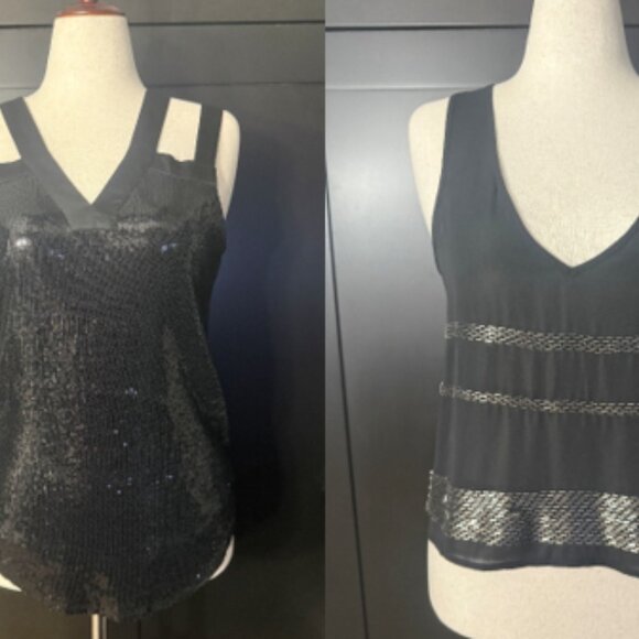 Bebe & Noir Black Sequin Beaded Tank Tops M / L & Earrings Statement Bundle - Picture 1 of 15